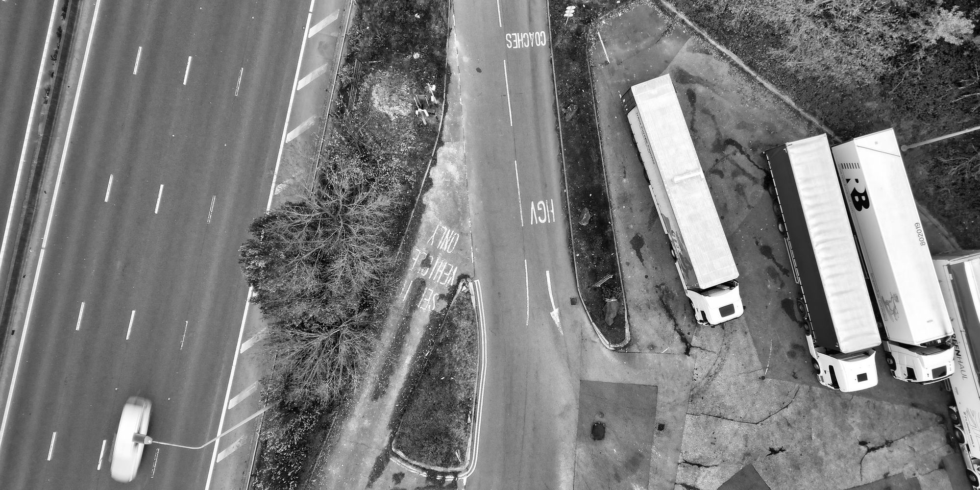 Aerial view of trucks at a highway junction