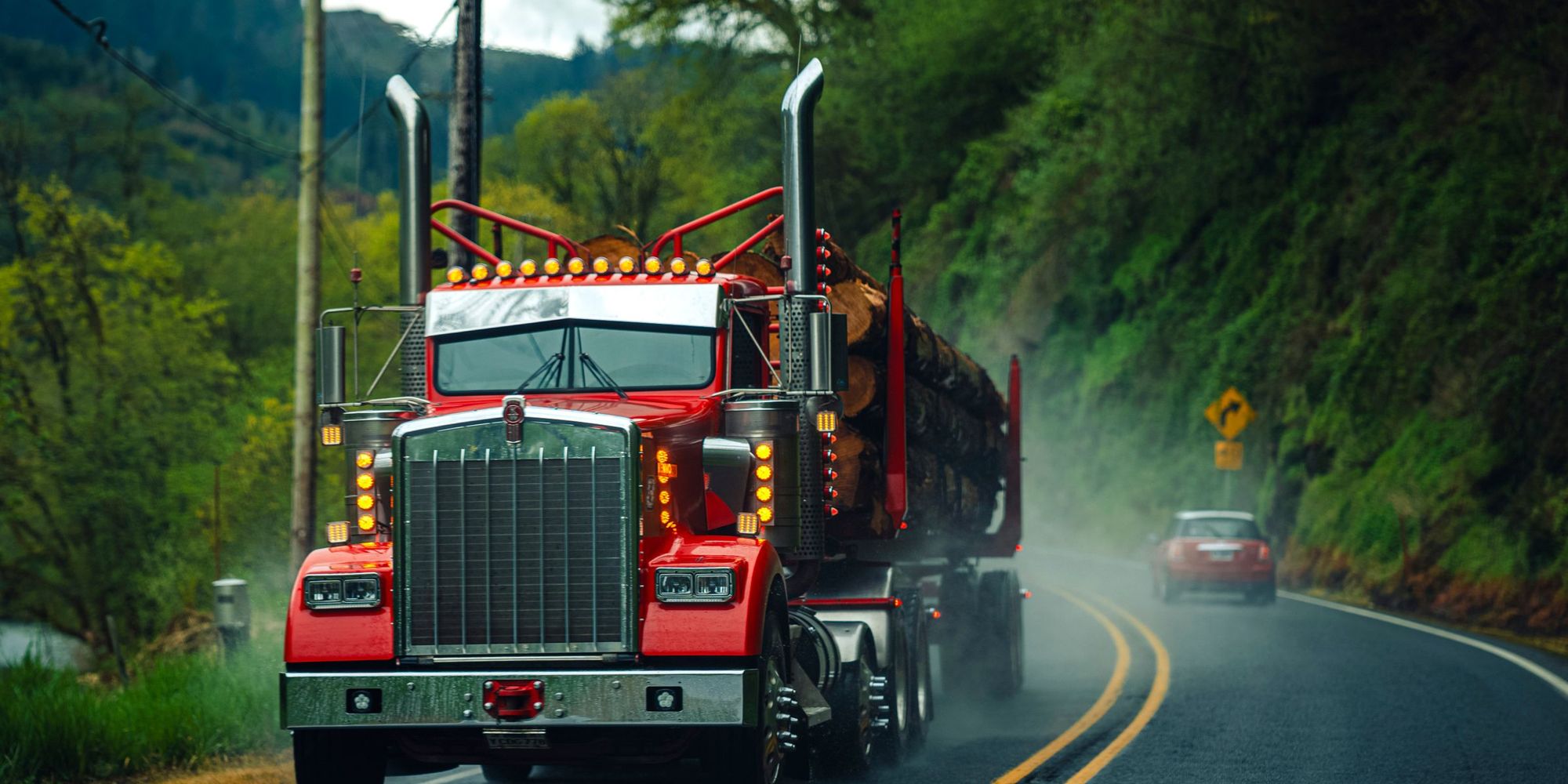 Loaded tractor-trailer on a forested highway